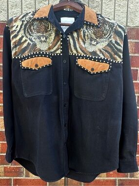 Clodia Dee Black Studded Tiger Graphic Button-Up Shirt Faux Leather Y2K